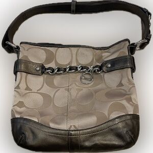 Coach Beige and Brown Shoulder Bag with Chain Detail